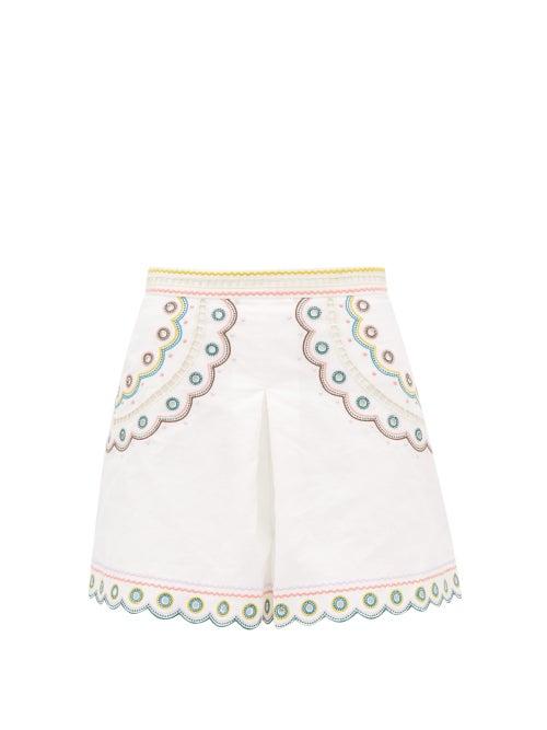 Matchesfashion.com Zimmermann - Peggy High-waisted Embroidered Linen Shorts - Womens - Cream Print