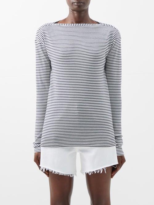 Raey - Kissing-edge Organic-cotton Long-sleeved T-shirt - Womens - Navy Stripe