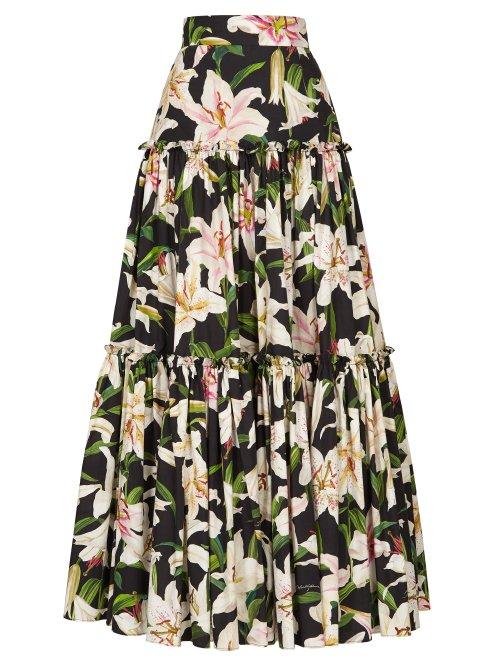 Matchesfashion.com Dolce & Gabbana - Lilium Print Tiered Poplin Maxi Skirt - Womens - Black Print