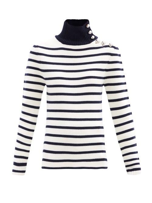 Matchesfashion.com Paco Rabanne - Button-embellished Striped Virgin Wool Sweater - Womens - Navy White