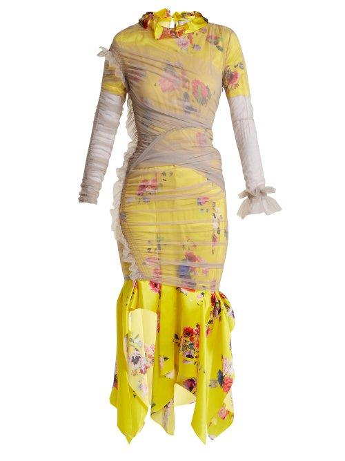 Matchesfashion.com Preen By Thornton Bregazzi - Ariel Floral And Block Print Satin Devor Dress - Womens - Yellow Multi