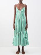La Ligne - Drawstring-front Striped Cotton Dress - Womens - Green White