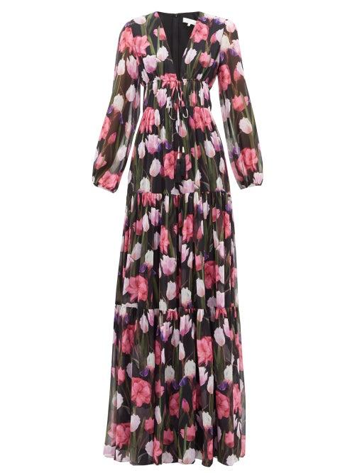 Matchesfashion.com Borgo De Nor - Freya Floral Print Banded Silk Chiffon Maxi Dress - Womens - Black Multi