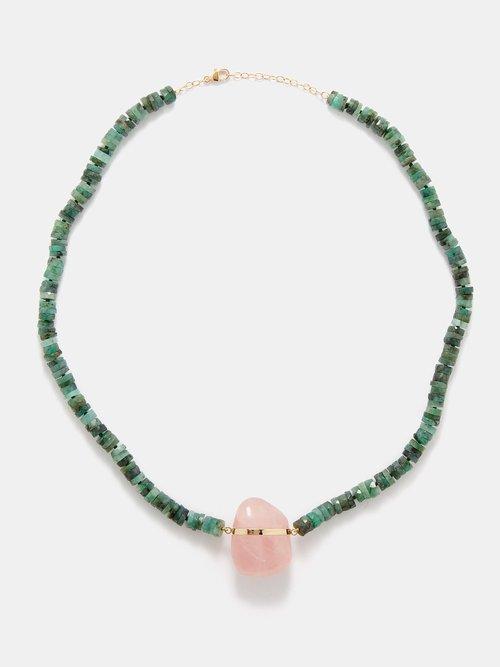 Jia Jia - Atlas Rose Quartz, Emerald & 14kt Gold Necklace - Womens - Green Pink