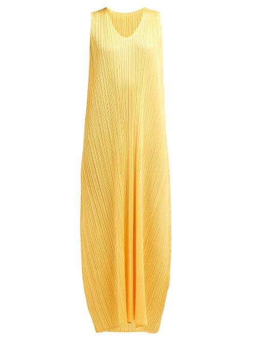 Matchesfashion.com Pleats Please Issey Miyake - Pleated Trapeze Cut V Neck Midi Dress - Womens - Yellow