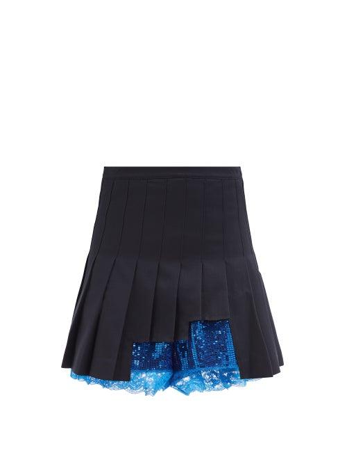Vaquera - Sequinned-undershort Pleated-twill Mini Skirt - Womens - Navy