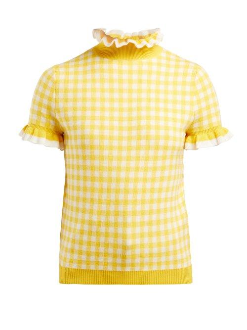 Matchesfashion.com Shrimps - Gingham Ruffle Short Sleeved Sweater - Womens - Yellow