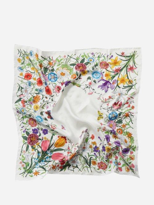 Gucci - Floral-print Silk-twill Scarf - Womens - White Multi