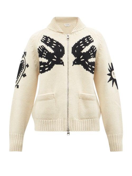 Alexander Mcqueen - Mystic-intarsia Zipped Wool-blend Cardigan - Mens - Cream