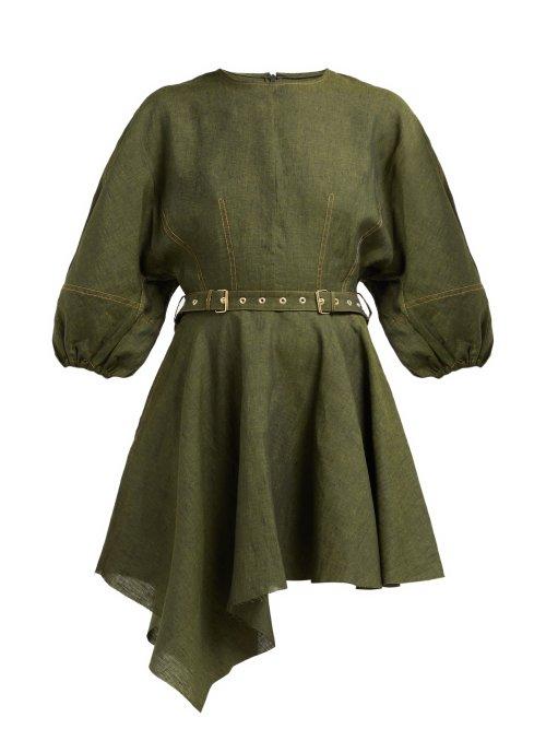 Matchesfashion.com Marques'almeida - Asymmetric Hem Belted Linen Dress - Womens - Khaki