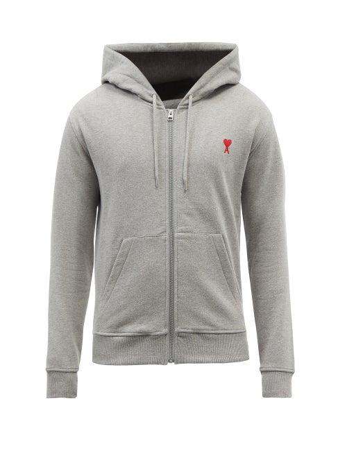 Ami - Ami De Caur Zipped Cotton Hooded Sweatshirt - Mens - Grey