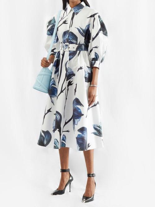 Alexander Mcqueen - Belted Floral-print Poplin Shirt Dress - Womens - Blue White