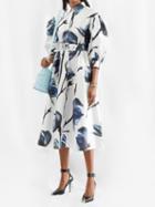 Alexander Mcqueen - Belted Floral-print Poplin Shirt Dress - Womens - Blue White
