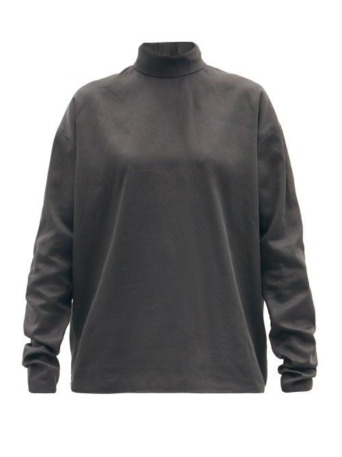Matchesfashion.com Lemaire - High-neck Washed Cotton-satin Top - Womens - Dark Grey