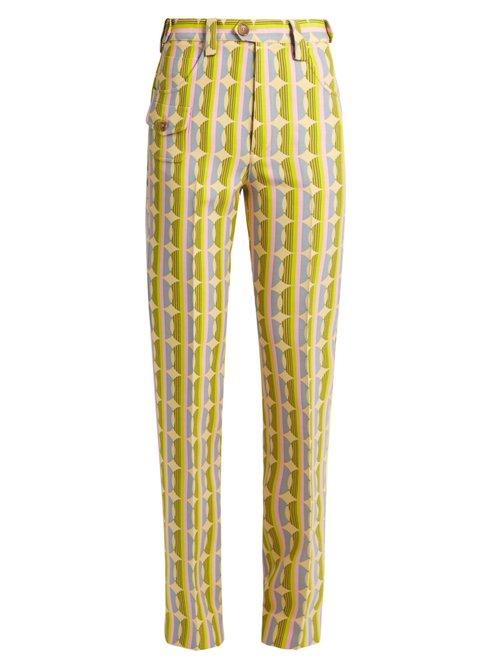 Matchesfashion.com Miu Miu - Circle Striped Print Wool Blend Trousers - Womens - Green Multi