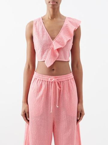 Marysia - Seahaven Ruffled Cotton Cropped Top - Womens - Mid Pink