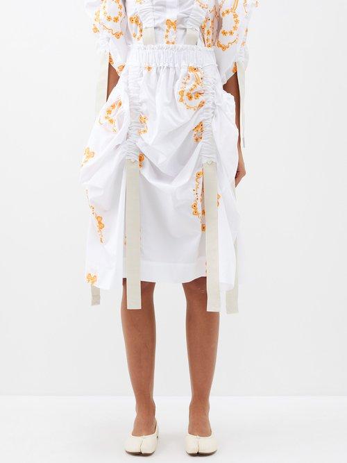 Simone Rocha - Floral-embroidered Ruched Poplin Midi Skirt - Womens - Orange White