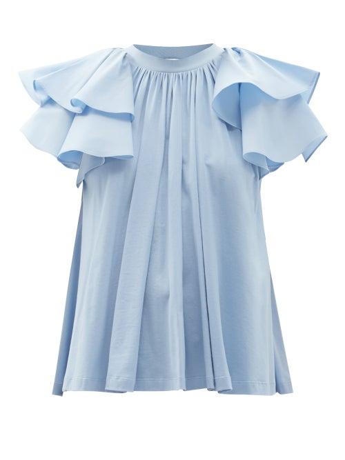 Ladies Rtw Alexander Mcqueen - Ruffled-sleeve Cotton-jersey Top - Womens - Light Blue
