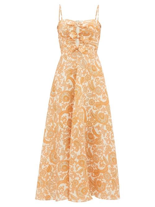 Matchesfashion.com Zimmermann - Peggy Paisley-print Tie-front Linen Dress - Womens - Orange Print