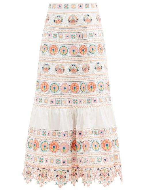 Matchesfashion.com Zimmermann - Brighton Floral-embroidered Cotton Midi Skirt - Womens - Orange Print