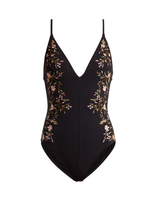 Matchesfashion.com Zimmermann - Iris Motif Plunge Embroidered Swimsuit - Womens - Black Multi