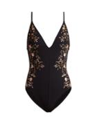 Matchesfashion.com Zimmermann - Iris Motif Plunge Embroidered Swimsuit - Womens - Black Multi
