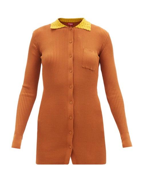 Staud - Carlsbad Crochet-collar Ribbed-jersey Cardigan - Womens - Brown