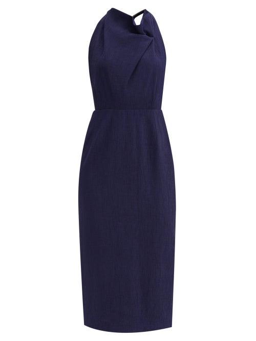 Matchesfashion.com Roland Mouret - Ronda Gathered-bodice Rippled-crepe Midi Dress - Womens - Navy
