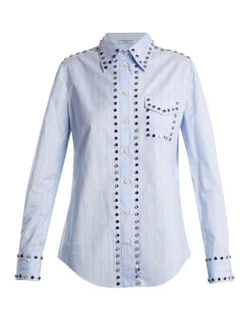 Matchesfashion.com Prada - Stud Trimmed Checked Cotton Shirt - Womens - Light Blue