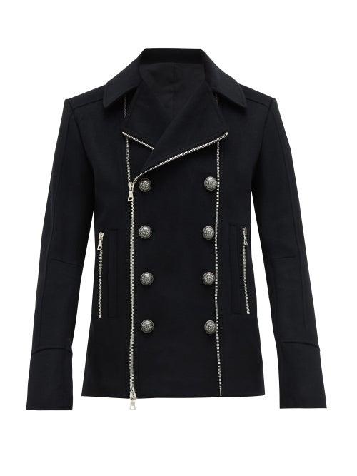 Matchesfashion.com Balmain - Double Breasted Zip Front Wool Blend Pea Coat - Mens - Black