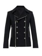 Matchesfashion.com Balmain - Double Breasted Zip Front Wool Blend Pea Coat - Mens - Black