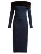 Matchesfashion.com Emilio De La Morena - Tasman Off The Shoulder Silk Blend Midi Dress - Womens - Navy Multi