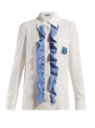 Matchesfashion.com Prada - Logo Appliqu Ruffle Trimmed Silk Blouse - Womens - Ivory Multi