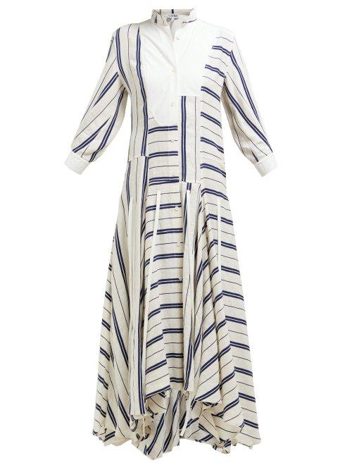 Matchesfashion.com Loewe - Handkerchief Hem Striped Linen Blend Midi Dress - Womens - White Navy