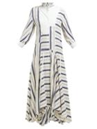 Matchesfashion.com Loewe - Handkerchief Hem Striped Linen Blend Midi Dress - Womens - White Navy