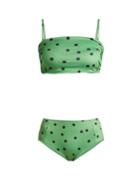 Matchesfashion.com Ganni - Clover Polka Dot Bandeau Bikini - Womens - Green Multi