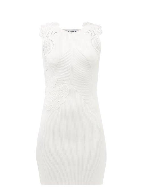Self-portrait - Lace-insert Ribbed Mini Dress - Womens - White