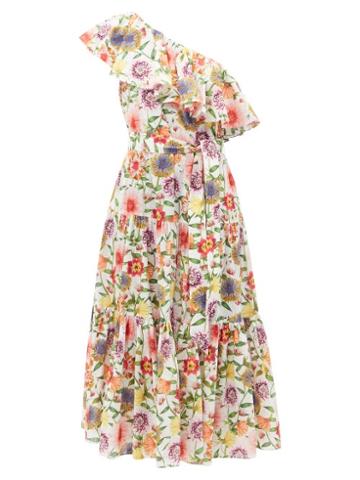 Borgo De Nor - Petra One-shoulder Ruffled Floral-print Dress - Womens - Pink Multi