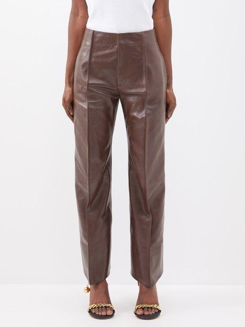 Bottega Veneta - Pintucked-seam Leather Trousers - Womens - Dark Brown