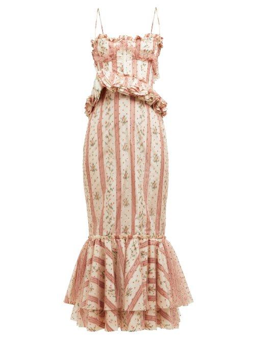 Matchesfashion.com Brock Collection - Ophelie Floral Stripe Midi Dress - Womens - White Multi