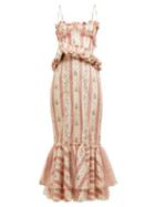 Matchesfashion.com Brock Collection - Ophelie Floral Stripe Midi Dress - Womens - White Multi