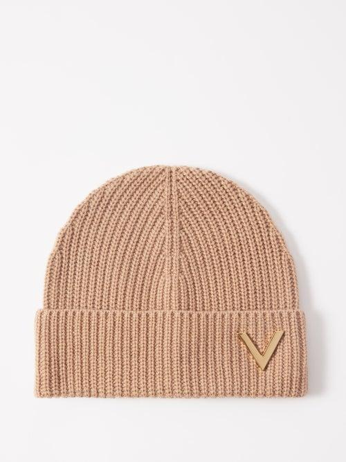 Valentino - Logo-plaque Ribbed Cashmere Beanie Hat - Womens - Camel