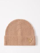 Valentino - Logo-plaque Ribbed Cashmere Beanie Hat - Womens - Camel