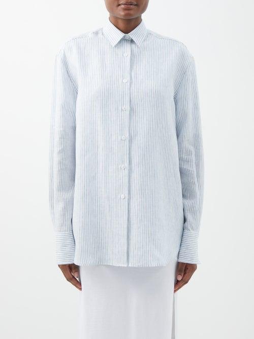 Another Tomorrow - Striped Linen Shirt - Womens - Blue Stripe