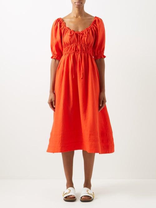 Casa Raki - Olga Puff-sleeve Ruched Organic-linen Midi Dress - Womens - Red