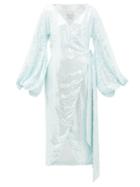 Matchesfashion.com Halpern - Balloon-sleeve Sequinned Wrap Dress - Womens - Light Blue