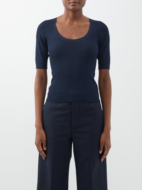 Another Tomorrow - Scoop-neck Ribbed T-shirt - Womens - Navy