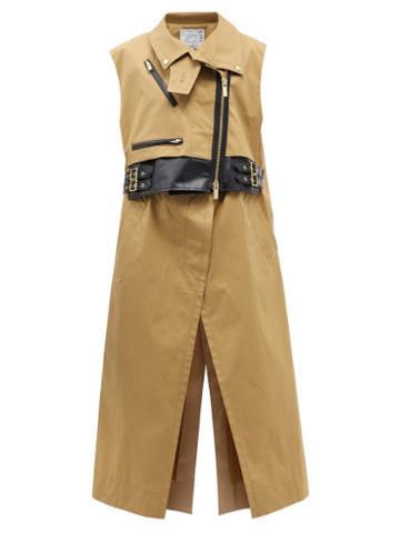 Sacai - Leather-trimmed Cotton-canvas Sleeveless Coat - Womens - Camel