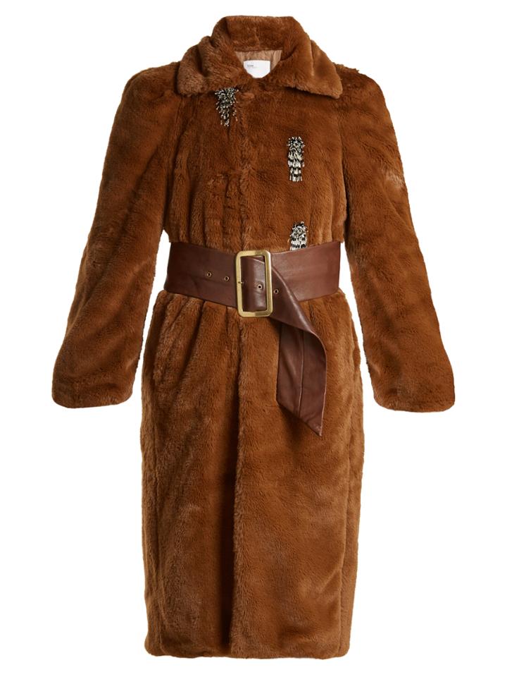 Toga Point-collar Bead-embellished Faux-fur Coat