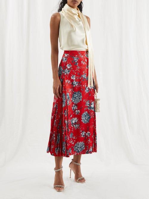 Erdem - Flora Penrose Floral-print Satin Midi Skirt - Womens - Red Multi
